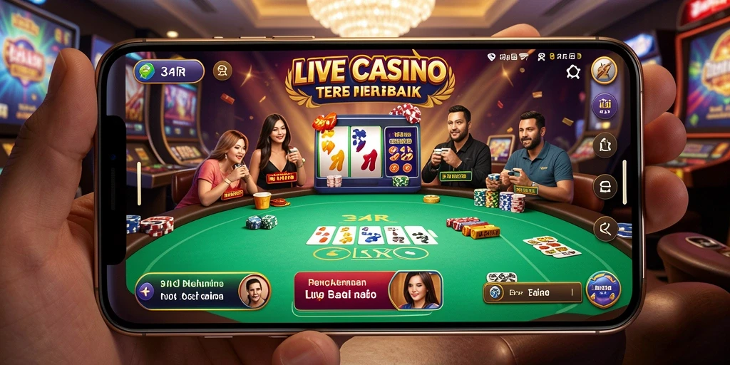Screenshot gameplay 34R menampilkan dealer dan suasana kasino yang autentik.