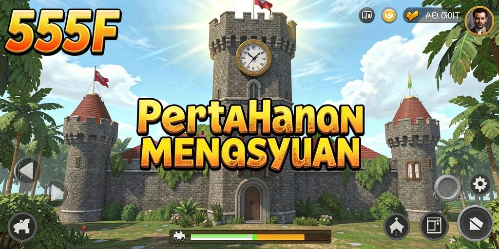 Screenshot gameplay Tower Defense dari 555F menunjukkan pertempuran seru melawan gelombang musuh.