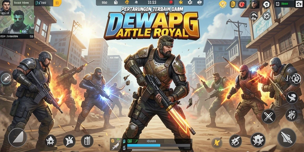 Tangkapan layar utama DEWAPG menampilkan pertempuran seru dalam arena Battle Royale.