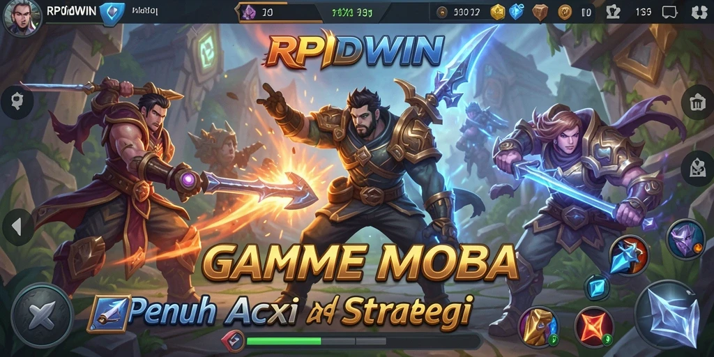 Screenshot gameplay RPIDWIN yang menunjukkan pertarungan antar karakter MOBA.