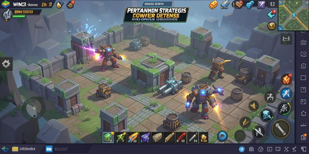 Screenshot menunjukkan aksi menara melawan gelombang musuh dalam Tower Defense.